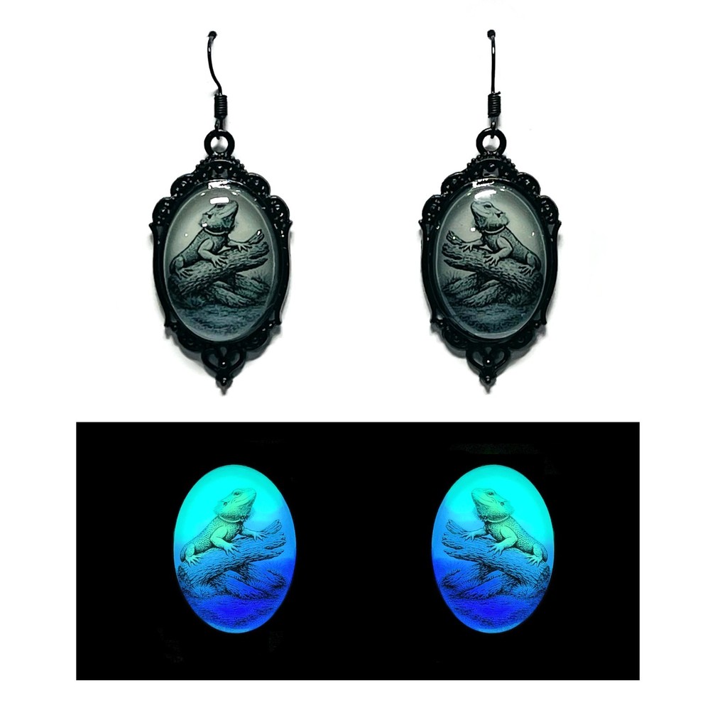 Bearded Dragon Lime Aqua Blue Purple/Violet Glow in the Dark Earrings