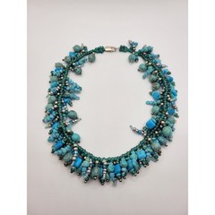 Faux Turquoise Stone Choker Necklace Blue/Green Seed Bead 925 Clasp Southwestern