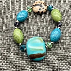 Artisan Beaded Stretch Bracelet Colorful Stone Turquoise Blue Green Beige BoHo