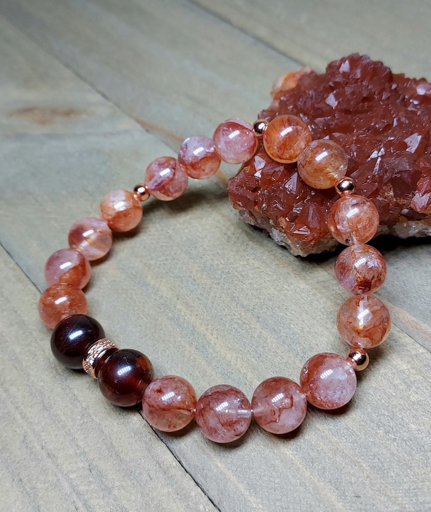 Red Phantom Quartz Gemstone Bracelet With Hessonite Garnet Stretch Beads 6.50″