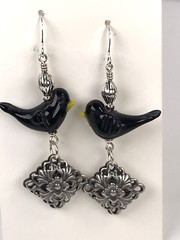 Handmade Glass Bye Bye Black Bird w/ Detailed Dangle on Silver Plated Hooks