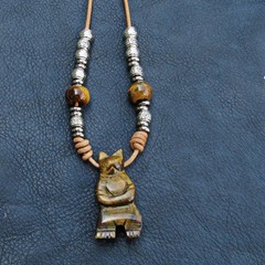 Leather and Carved Bear Totem Necklace Tiger Eye Brown Stone Primitive Pendant