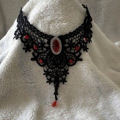 Black Lace Gothic Victorian Choker Necklace with Red Glass Stones Adjustable