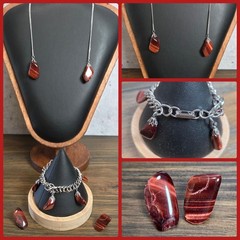 Vtg Red Tiger Eye Jewelry Set Lariat Necklace Bracelet Clip Earrings Handmade