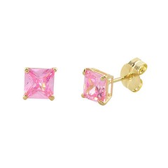 10k Yellow Gold Square Pink CZ Stud Earrings Cubic Zirconia Basket Set