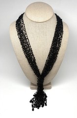 Vintage Black Seed Bead Crochet Necklace Tassle Retro
