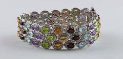 Cuff Bracelet Genuine Multi-Stones Faceted Triple Row 50G 60CTW 7.5″ S/S