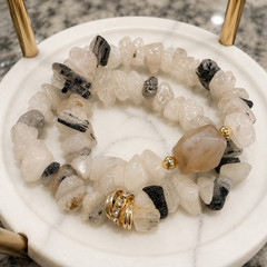 White Quartz Chip & Gray Agate Beaded Stretch Bracelet Gold Spacers Stackable