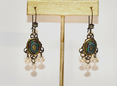 VINTAGE ELEMENTS HANDCRAFTED EARRINGS of RELIEF GLASS /GILDED BRASS/faux PEARLS