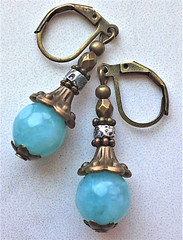 aqua BLUE JADE BRONZE Silver Lava Rock vintage earring LEVERBACK artisan XX