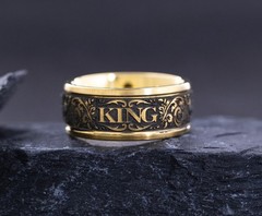 9mm Cobalt Ring with Yellow Gold Plating, Emerald and Cross and Floral Engraving