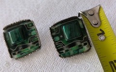 STERLING MALACHITE INLAY MODERNIST BRUTALIST CIRCUIT BOARD SIGNED EARRINGS-L@@K