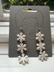 Handcrafted White Polymer Clay Snowflake Dangle Hook Earrings 2 Pairs