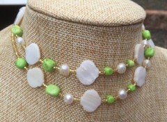 Handmade Necklace of Green Chalk Turquoise, Freshwater Pearl and MOP Shell Beads