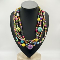 Art Glass Stone Shell Bead Statement Necklace Multicolor Layered Artisan 18-22”