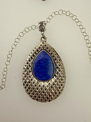 Rhodium Plate 1 1/ 2″ x 2 3/4″ Lapis Pear Shape Pendant Rolo 20″ Chain A61