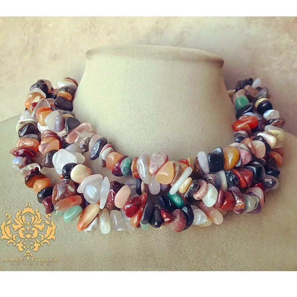 Gem Mix Citrine Quartz Sunstone Jade Opal Agate Jasper Stone Statement Necklace