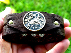 Authentic 1951 Aztec Pyramid Mexican coin bracelet genuine Buffalo Bison leather