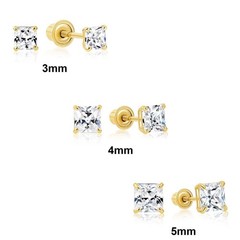 14k Yellow Gold Solitaire Square Princess-cut CZ Stud Earrings with Secure Sc…