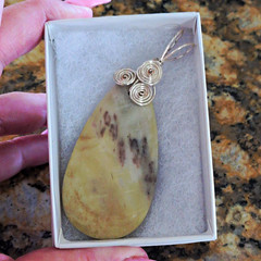 Handmade Wire Wrapped Teardrop Stone Pendant Charm Cream Brown Silver Metal