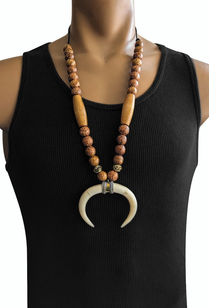 Men’s Tribal Beaded Statement Necklace Double Horn Pendant Boho Ethnic Gift 30″