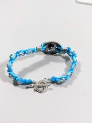Silver Tone Blue Cord Medallion Bead Woven Style Toggle Bracelet 7.5 inches