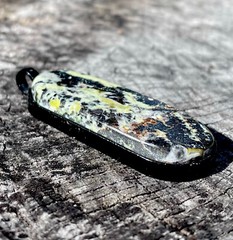 African Lemon Turquoise Cabochon Set In 45x18mm Metal Pendant.