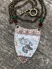 Glass Enameled Copper Reindeer Christmas necklace with Swarovski beads HANDMADE