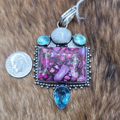Silver Tone Multicolor Pendant Purple Rectangle Bezel Stone w/ Blue Accent