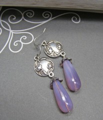 Art Nouveau Style Poppy Flower Earrings Lavender Pink Glass Opal Earrings
