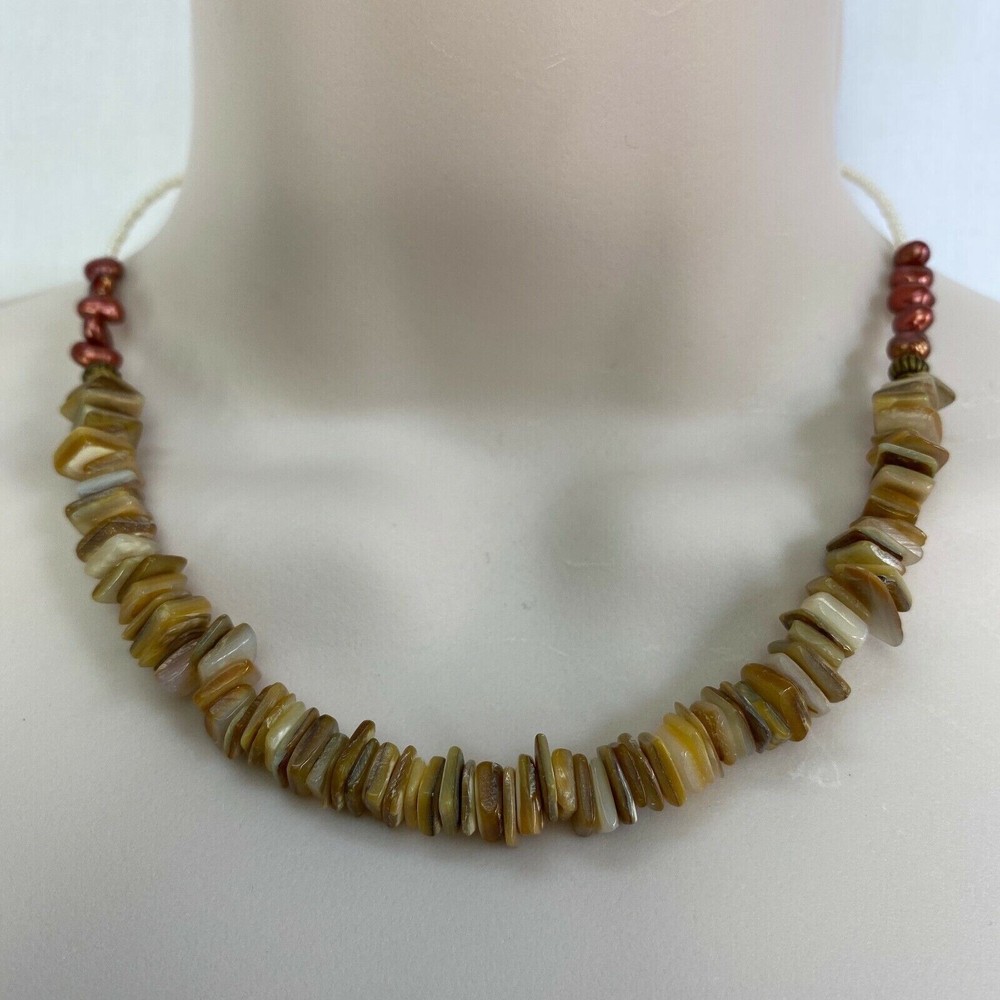 Handmade Beaded Necklace Tan Mother of Pearl Shell Beads and Copper Dyed Pearls