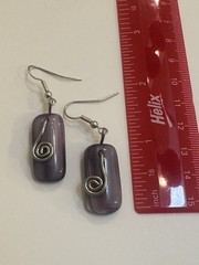 Handcrafted Purple Glass Dangle Earrings Silver Plated Rectangular 1.25in Art