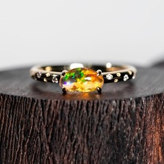 Ribbon Wrapped Mexican Fire Opal Diamond Engagement Ring 18K Yellow Gold