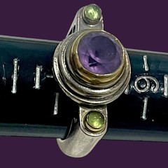 Sterling Silver 14k Gold Ring Amethyst Peridot Modernist Cocktail Signed R? 6.75