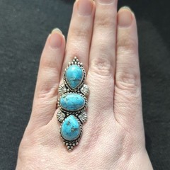 Silver Plated Chocolate Turquoise Gemstone Three Stone Statement Ring – size 6-9
