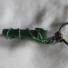 Handcrafted Green Wire Wrapped Bar Pendant Necklace Adjustable Cord Statement