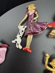Vintage Fashion Lady & Red Hat Figurine Brooch Lot of 10 Enamel Rhinestone