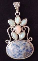 Sodalite & Simulated Opal Or Quartz Silver Plated Pendant
