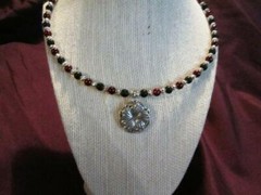 Memory Wire Choker Handmade Black Burgundy Glass Beads Silver Plated Pendant