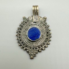 Antique Hand Made Stone Pendant India 1 1/2″ Boho Western Unique Cobalt Blue
