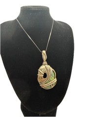 Abalone Paua Shell Pendant Necklace Wrapped Silver Tone Artisan Boho Statement