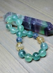 Green Fluorite Crystal Bracelet With Yellow & Purple Stretch Gem Beads 6.75″