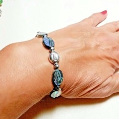 ABALONE PAUA, FRESHWATER PEARL, BUDDHA STERLING SILVER TOGGLE BRACELET