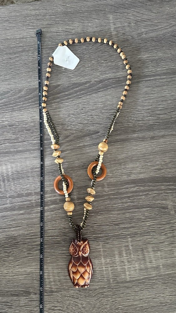 Handcrafted Beaded Wood Owl Pendant Necklace Brown 19-24in Animal Nature Theme