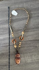 Handcrafted Beaded Wood Owl Pendant Necklace Brown 19-24in Animal Nature Theme