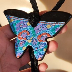 Vtg Handcrafted Glazed Ceramic Butterfly Lariat Necklace Bolo Tie? Signed Cord