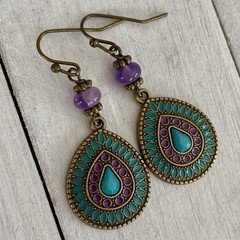 Min Favorit Colorful Enamel Pendant & Amethyst Brass Artisan Boho Earrings