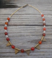 Handmade Necklace of Red Agate, Clear Czech Glass, and Bronze Tone Metal Beads
