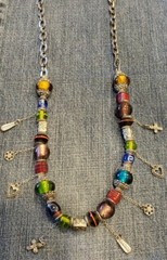 VINTAGE CHICO’S BLOWN GLASS NECKLACE, CHUNKY, DANGLES, TRIBAL, SILVERTONE 38″