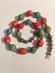 Moroccan EthnicNatural Red CORAL Bead & Turquoise Bead Necklace W Silver Spacers